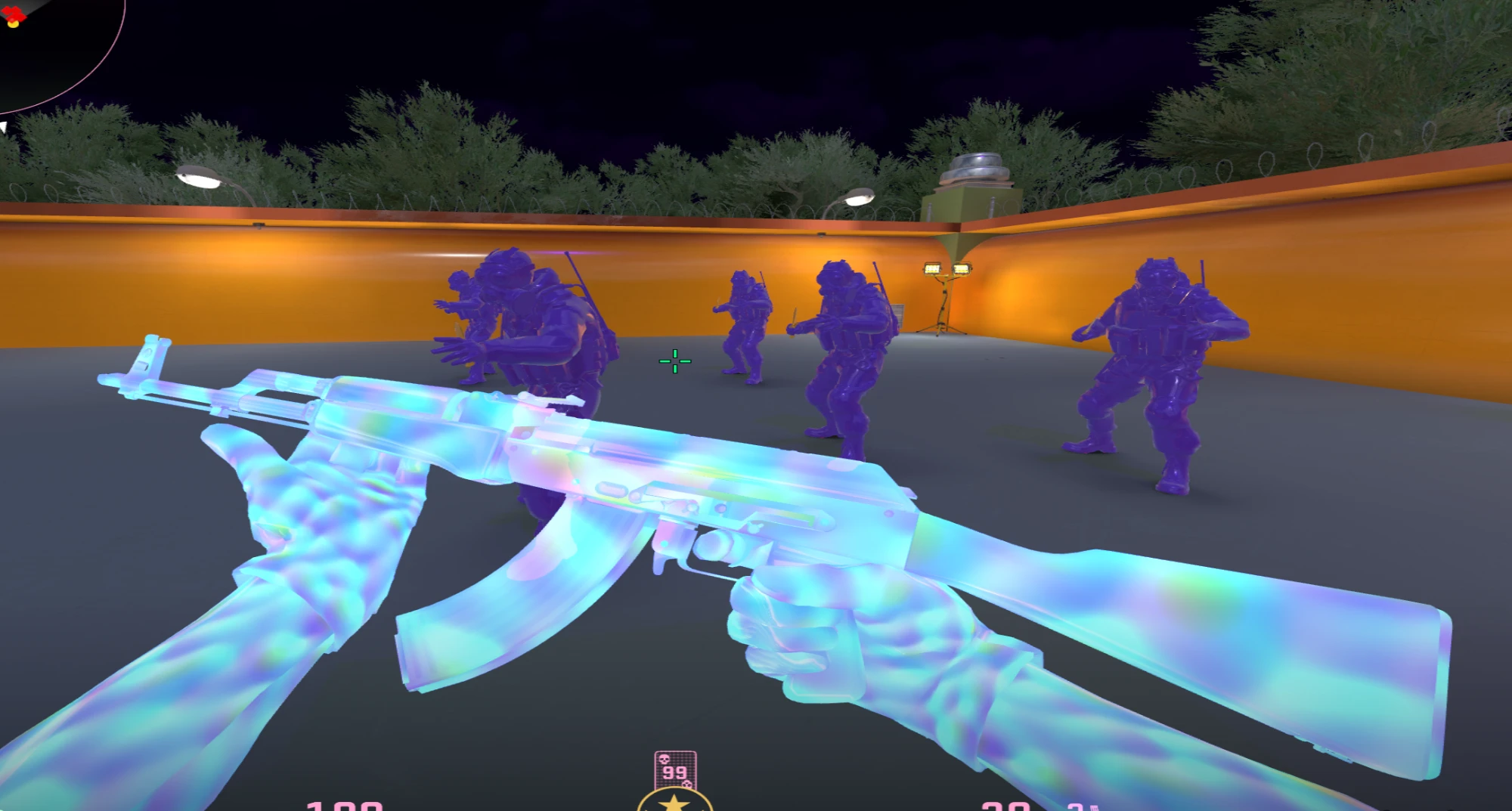 Holographic chams on the hands and rifle, with players painted violet across a training yard.