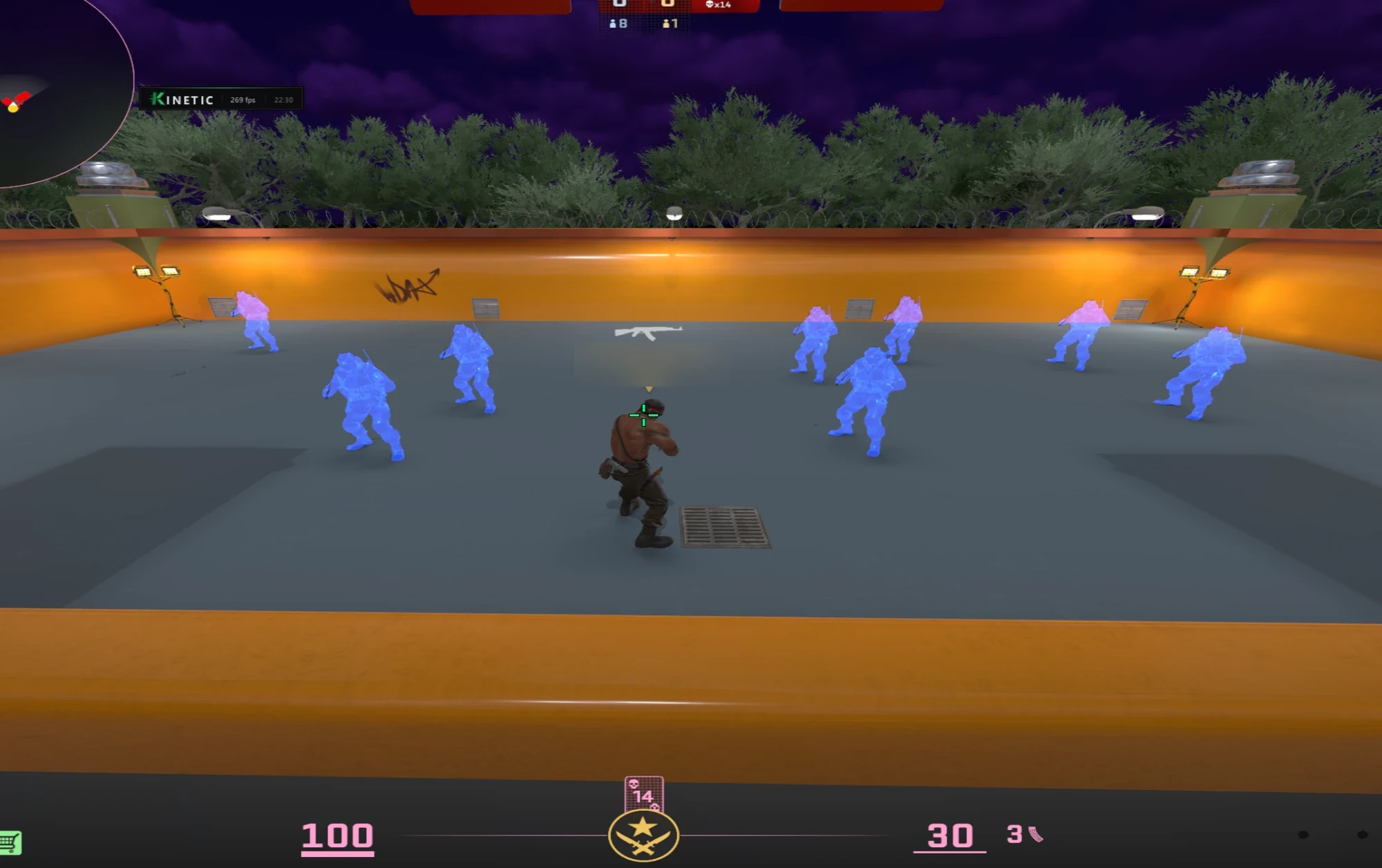 Blue material chams on a full team of bots across the yard.