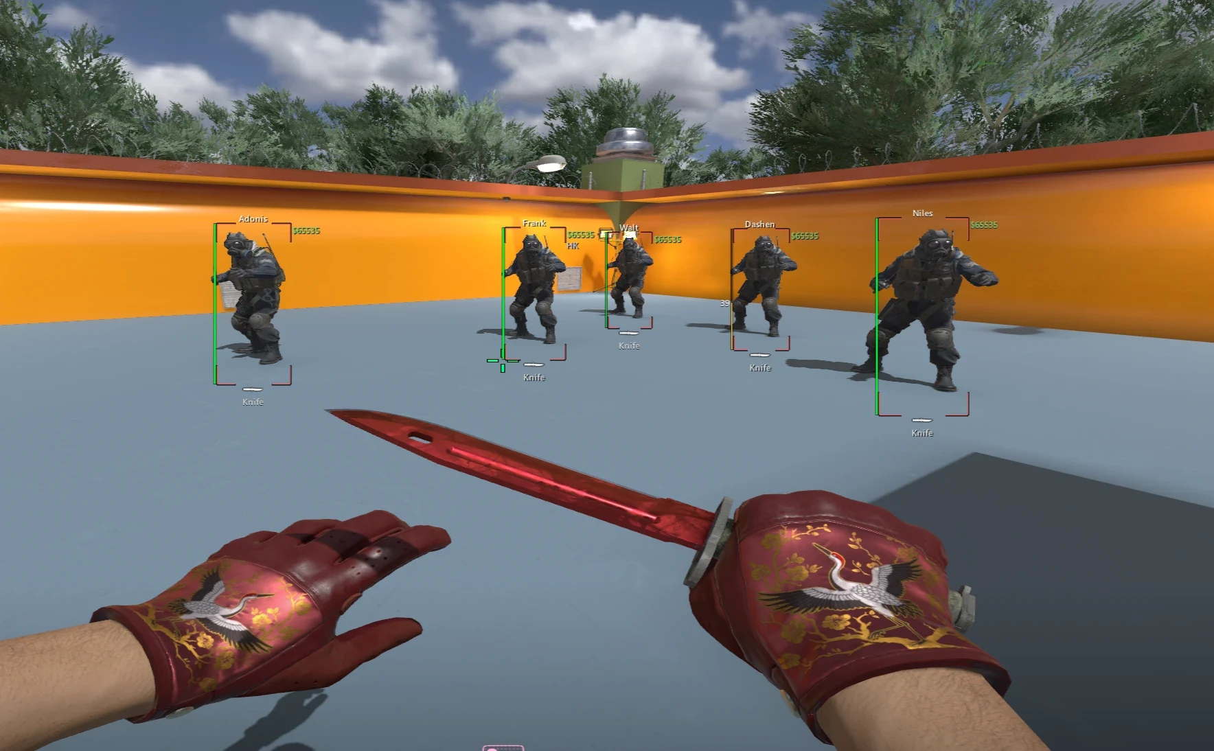 Box ESP with names, money and weapon labels on five bots, a red knife and crane gloves in hand.