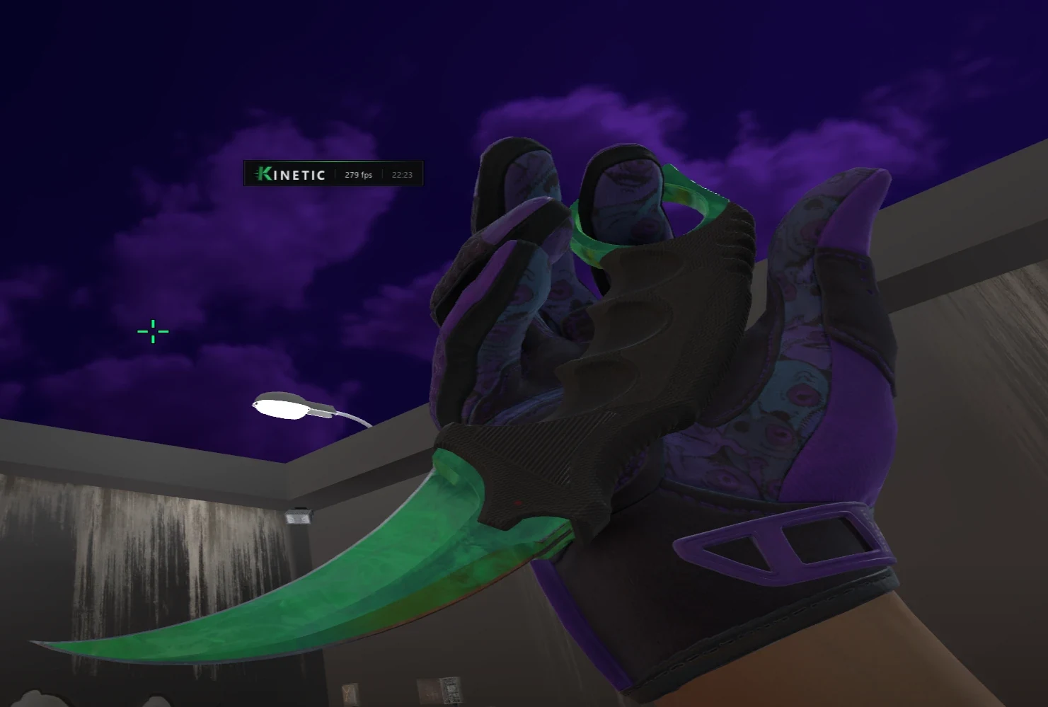 Skin changer: an emerald karambit with purple gloves, the Kinetic watermark top left.