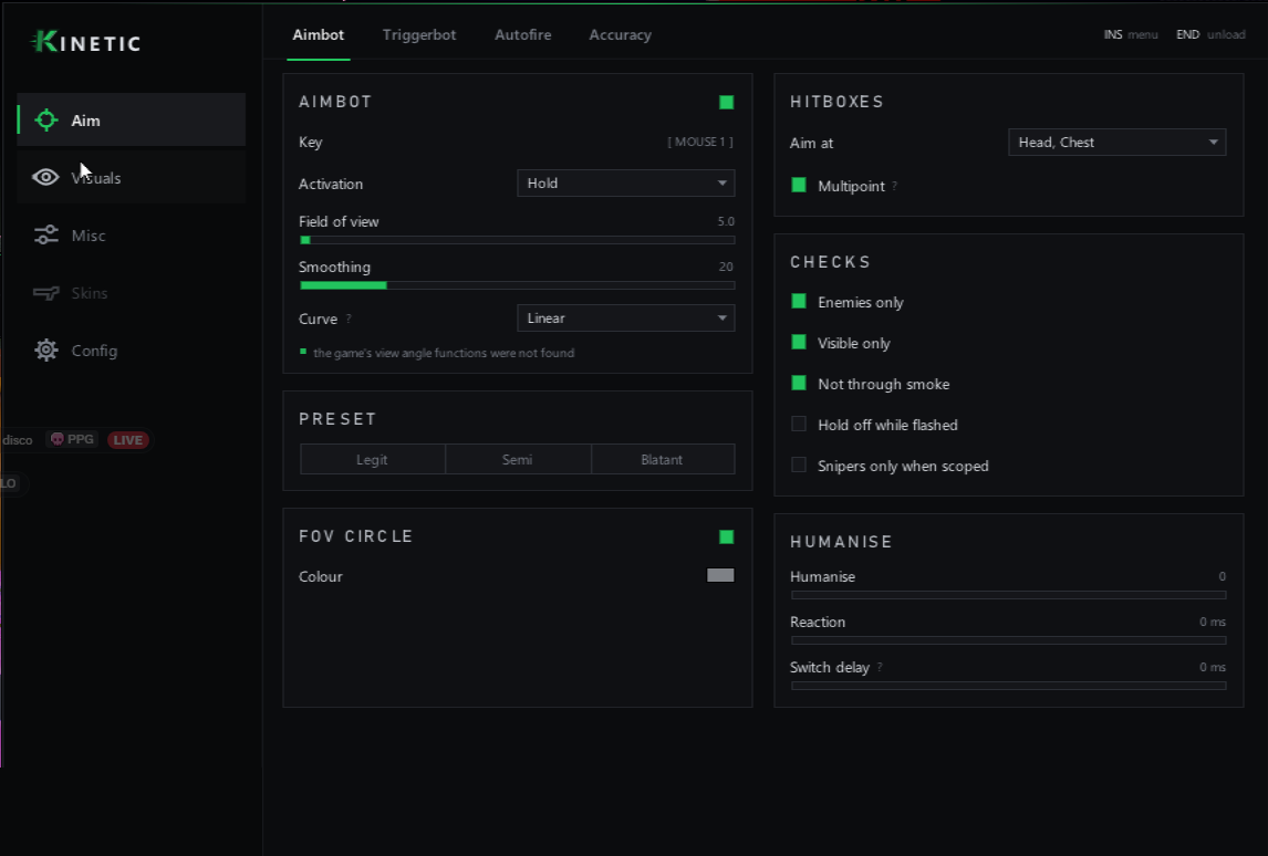 The Kinetic menu, Aim tab.