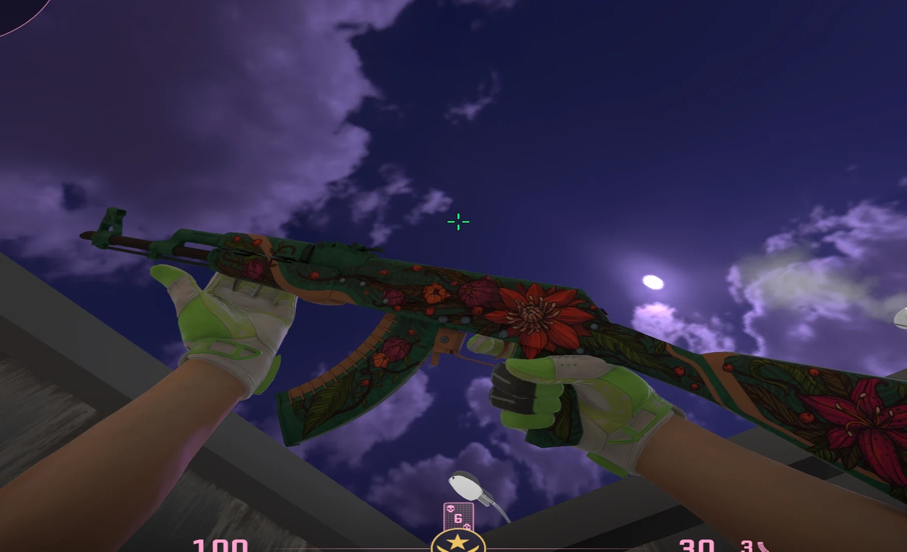 Skin changer: a floral AK with lime sport gloves under a purple night sky.
